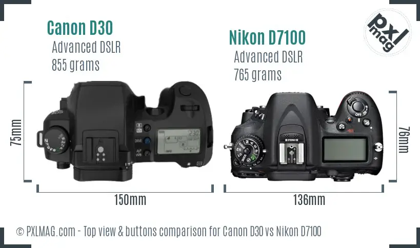 Canon D30 vs Nikon D7100 top view buttons comparison