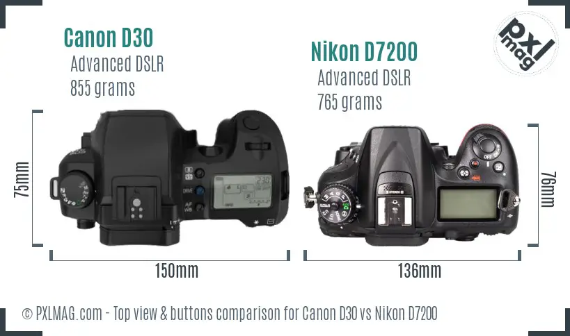 Canon D30 vs Nikon D7200 top view buttons comparison