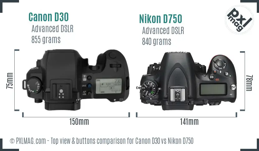 Canon D30 vs Nikon D750 top view buttons comparison