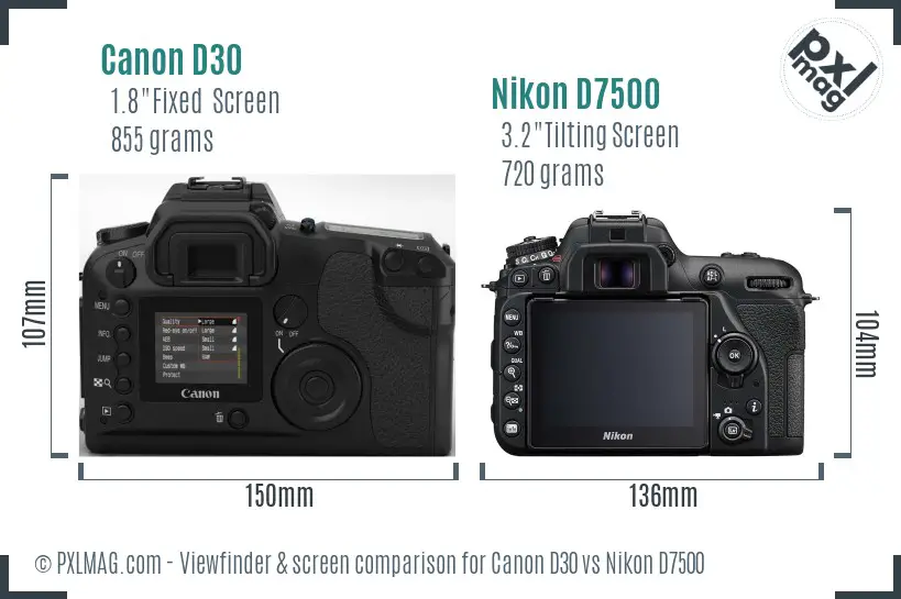 Canon D30 vs Nikon D7500 Screen and Viewfinder comparison