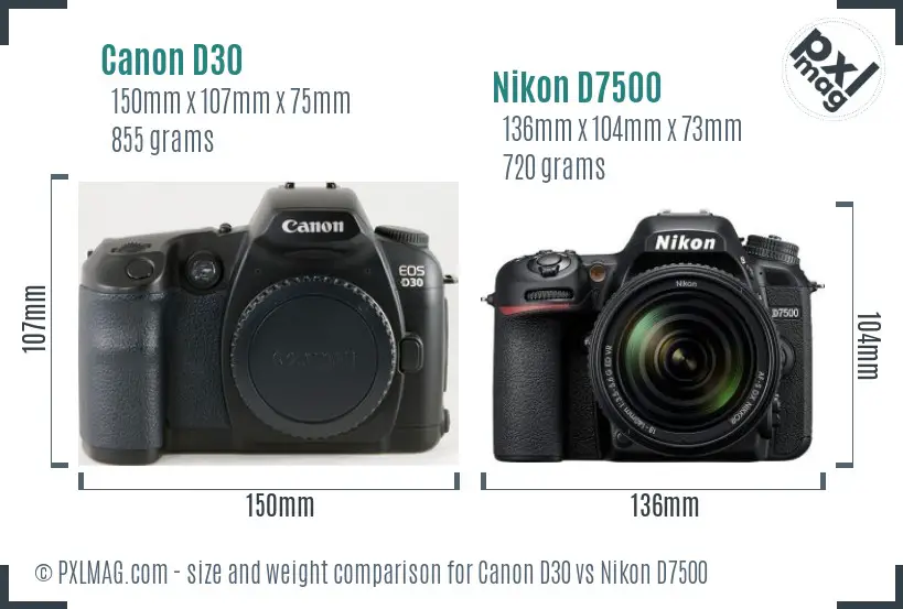 Canon D30 vs Nikon D7500 size comparison