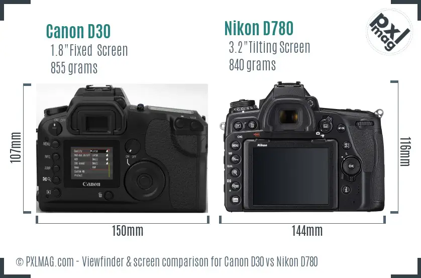 Canon D30 vs Nikon D780 Screen and Viewfinder comparison