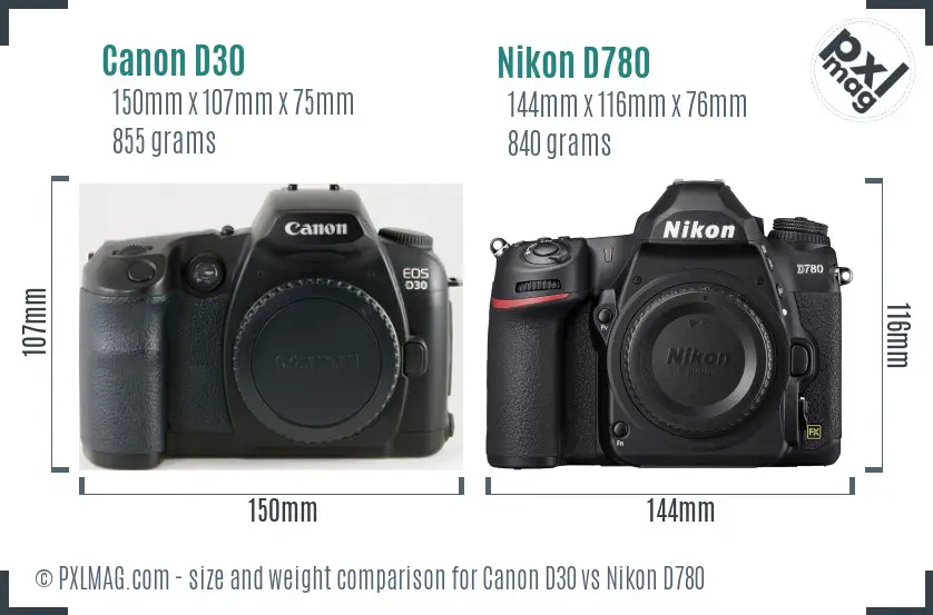 Canon D30 vs Nikon D780 size comparison