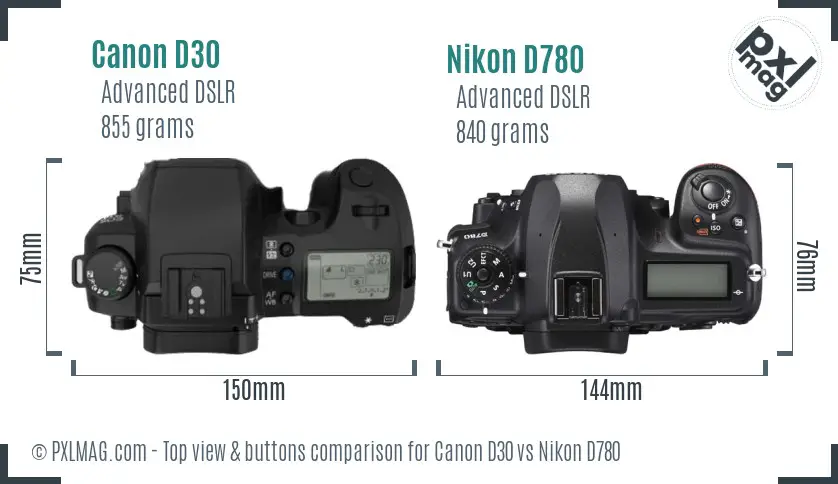 Canon D30 vs Nikon D780 top view buttons comparison