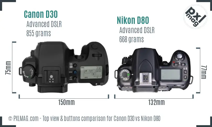 Canon D30 vs Nikon D80 top view buttons comparison