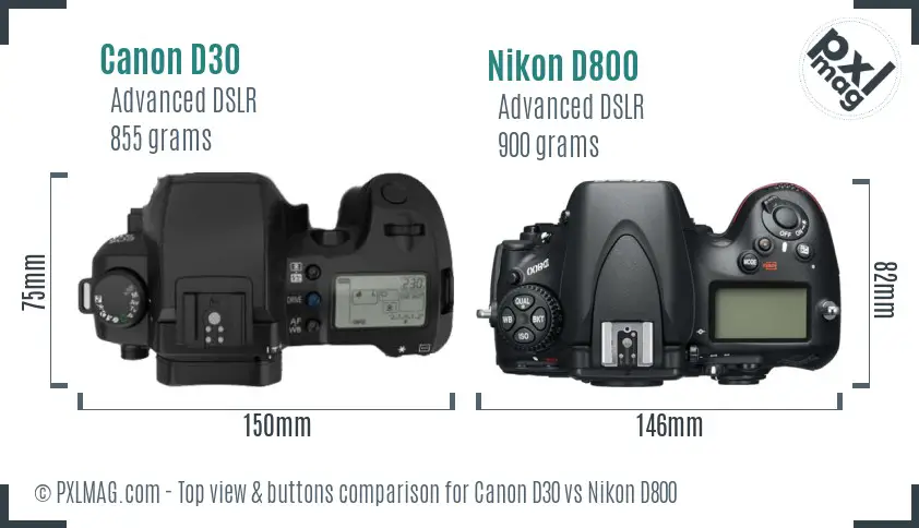 Canon D30 vs Nikon D800 top view buttons comparison