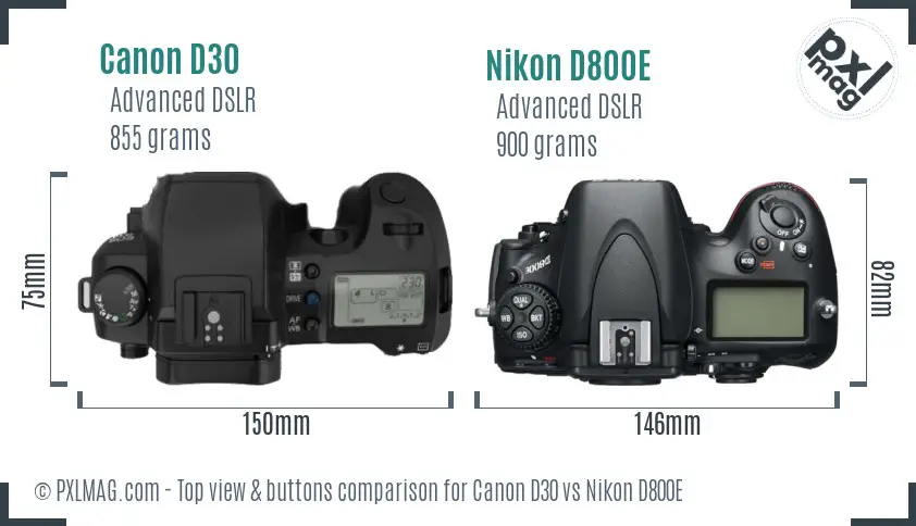 Canon D30 vs Nikon D800E top view buttons comparison