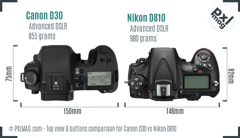 Canon D30 vs Nikon D810 top view buttons comparison Canon D30 vs Nikon D810 top view buttons comparison
