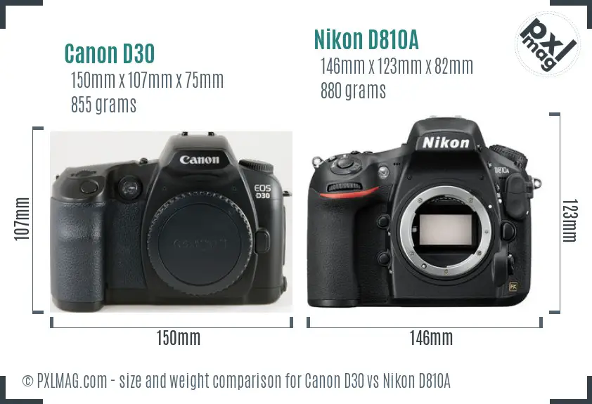Canon D30 vs Nikon D810A size comparison