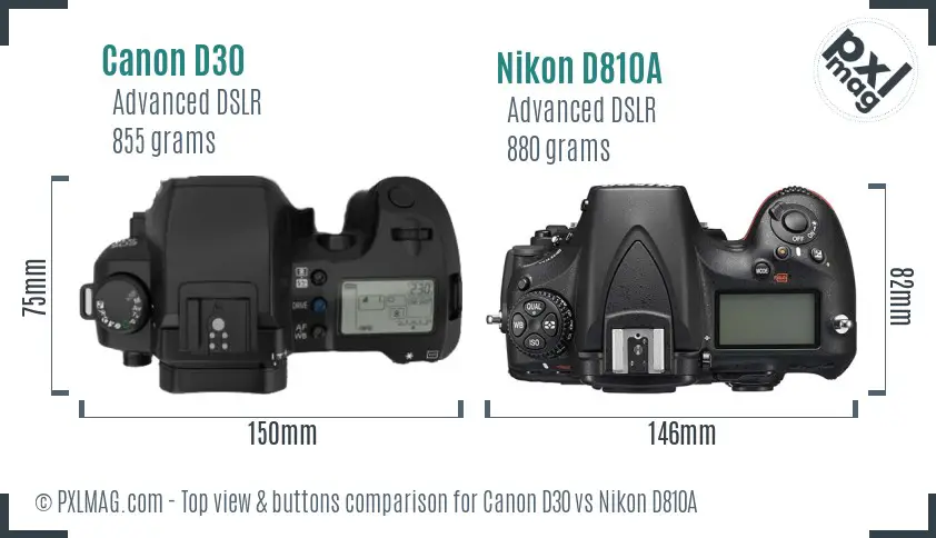 Canon D30 vs Nikon D810A top view buttons comparison