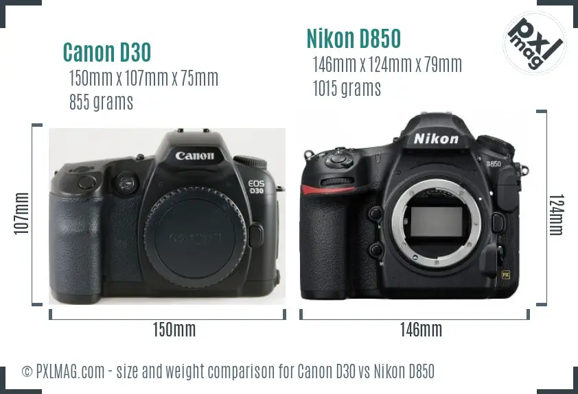 Canon D30 vs Nikon D850 size comparison