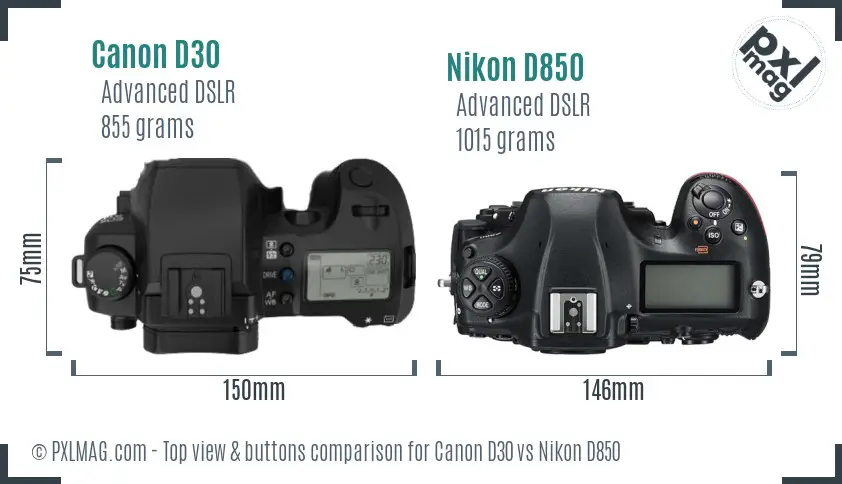 Canon D30 vs Nikon D850 top view buttons comparison