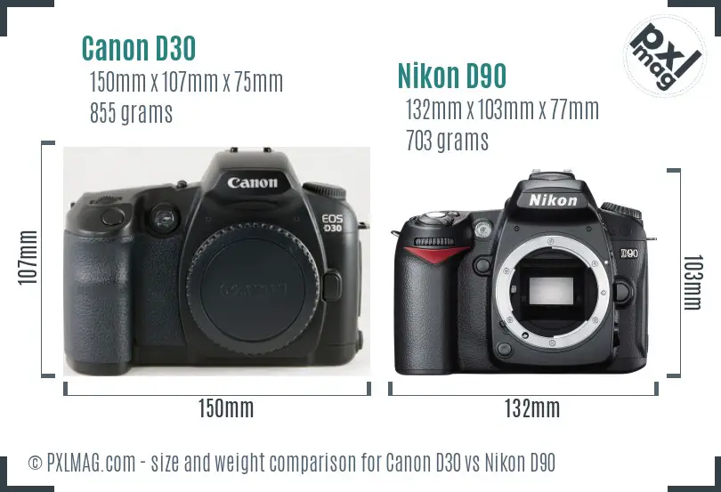 Canon D30 vs Nikon D90 size comparison