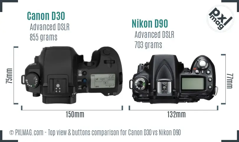Canon D30 vs Nikon D90 top view buttons comparison