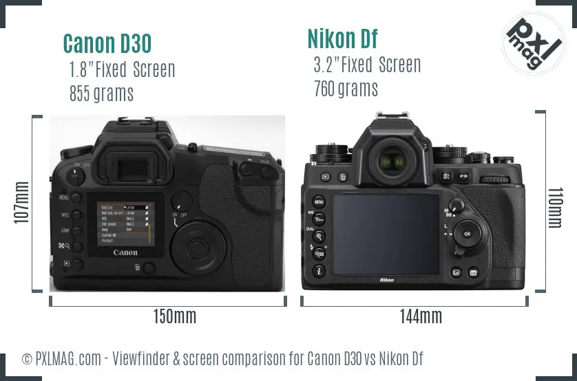 Canon D30 vs Nikon Df Screen and Viewfinder comparison