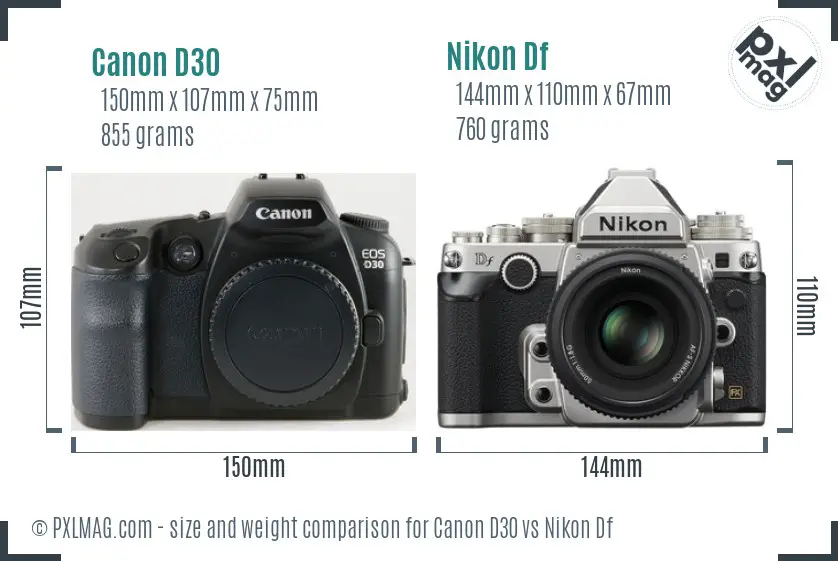 Canon D30 vs Nikon Df size comparison