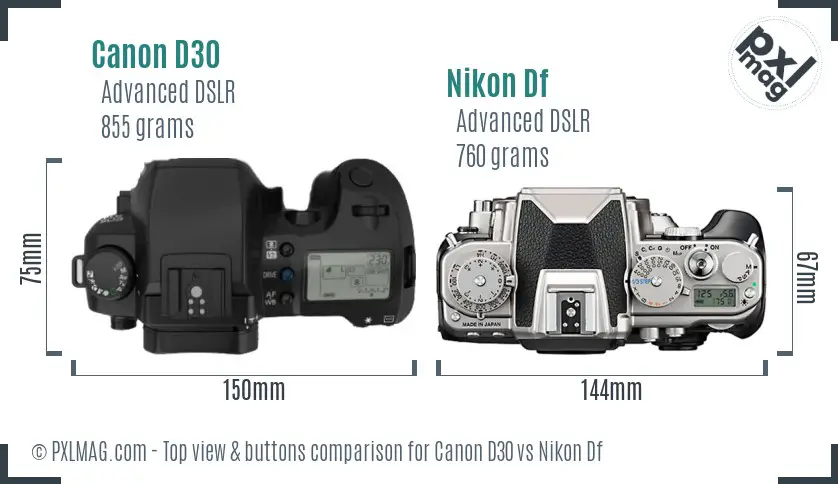 Canon D30 vs Nikon Df top view buttons comparison