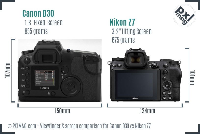 Canon D30 vs Nikon Z7 Screen and Viewfinder comparison