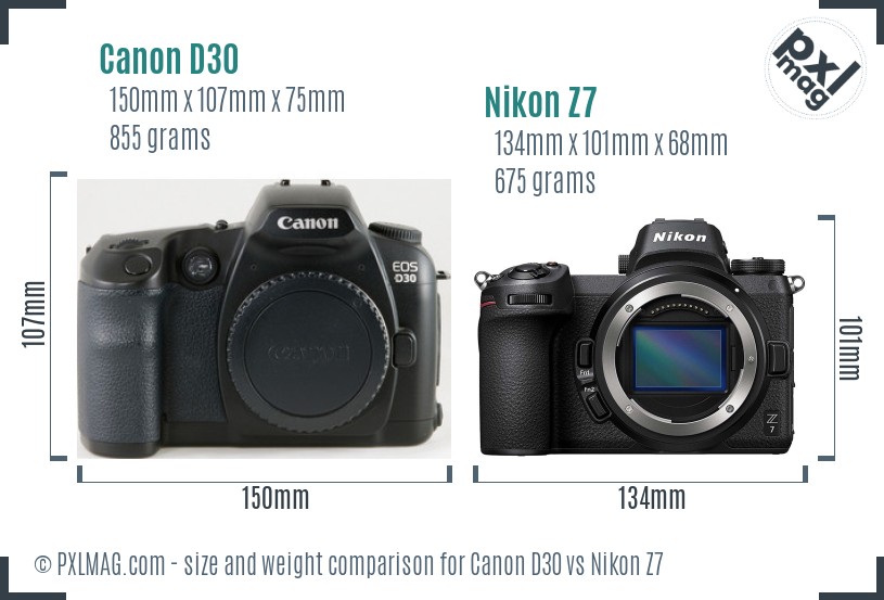 Canon D30 vs Nikon Z7 size comparison