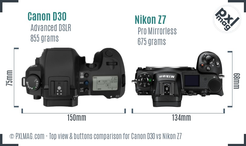 Canon D30 vs Nikon Z7 top view buttons comparison