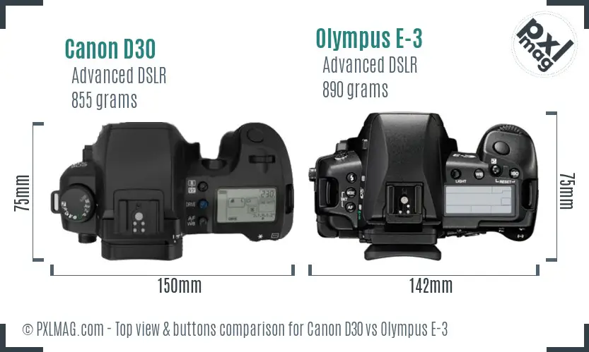 Canon D30 vs Olympus E-3 top view buttons comparison