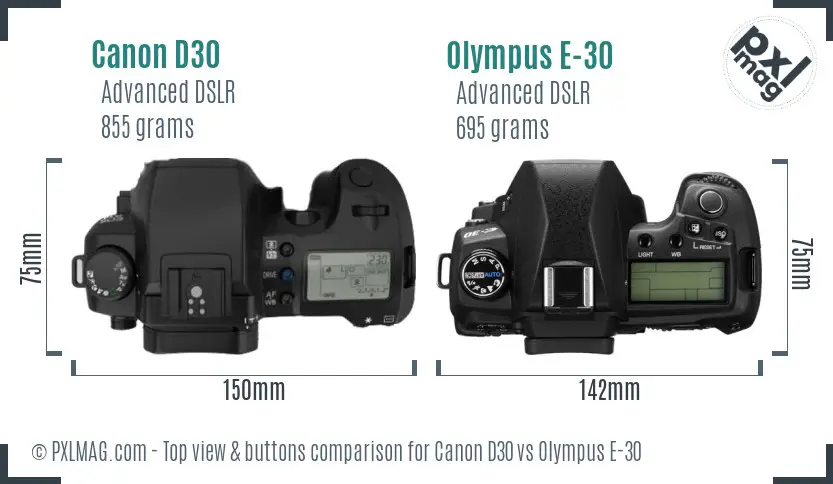 Canon D30 vs Olympus E-30 top view buttons comparison