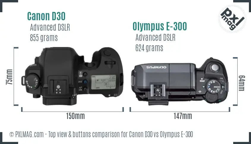Canon D30 vs Olympus E-300 top view buttons comparison