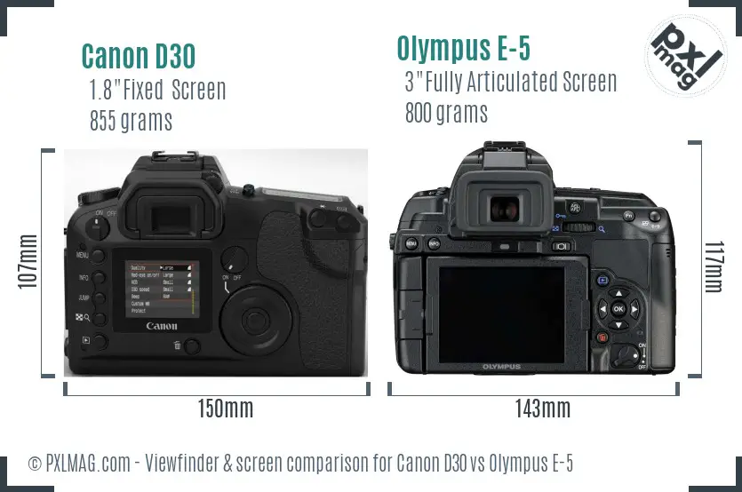 Canon D30 vs Olympus E-5 Screen and Viewfinder comparison