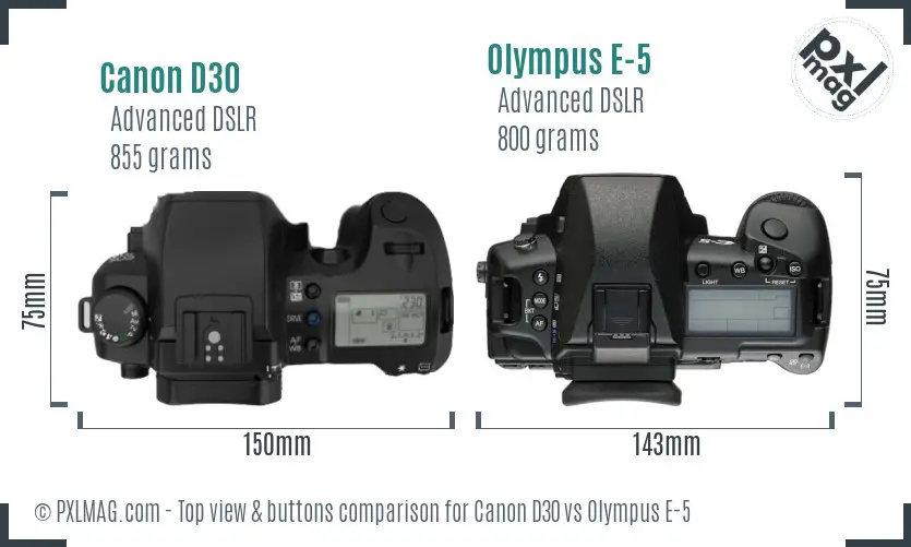 Canon D30 vs Olympus E-5 top view buttons comparison