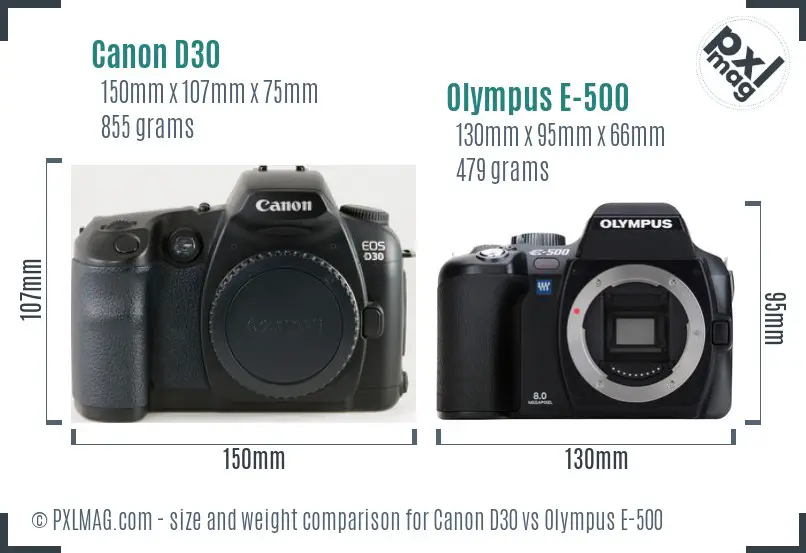 Canon D30 vs Olympus E-500 size comparison