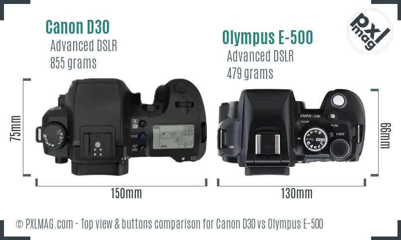 Canon D30 vs Olympus E-500 top view buttons comparison