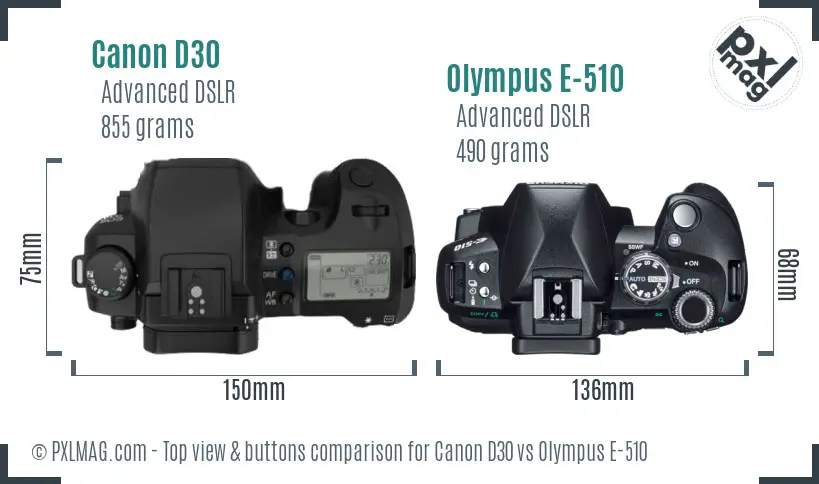 Canon D30 vs Olympus E-510 top view buttons comparison