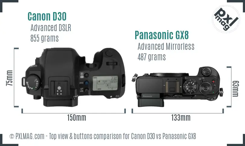 Canon D30 vs Panasonic GX8 top view buttons comparison