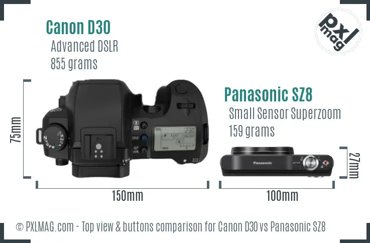 Canon D30 vs Panasonic SZ8 top view buttons comparison