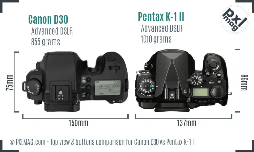 Canon D30 vs Pentax K-1 II top view buttons comparison