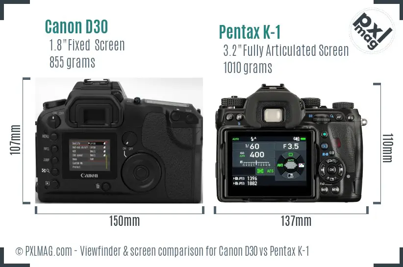 Canon D30 vs Pentax K-1 Screen and Viewfinder comparison