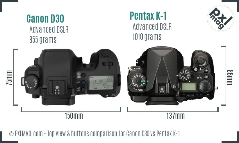 Canon D30 vs Pentax K-1 top view buttons comparison