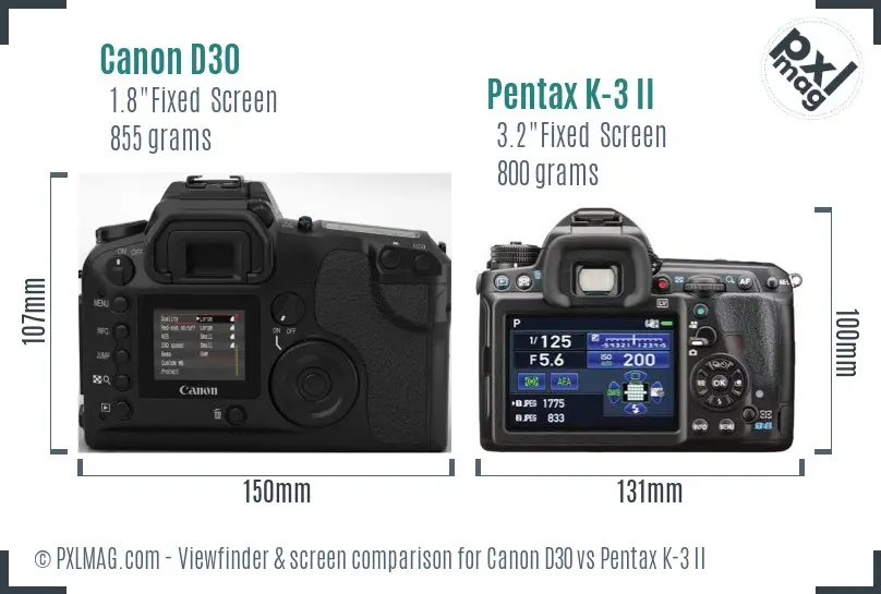 Canon D30 vs Pentax K-3 II Screen and Viewfinder comparison