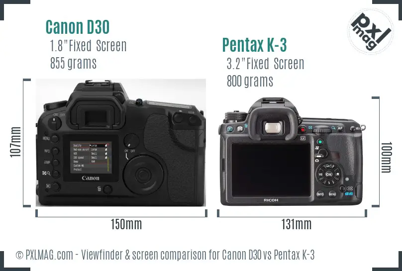 Canon D30 vs Pentax K-3 Screen and Viewfinder comparison