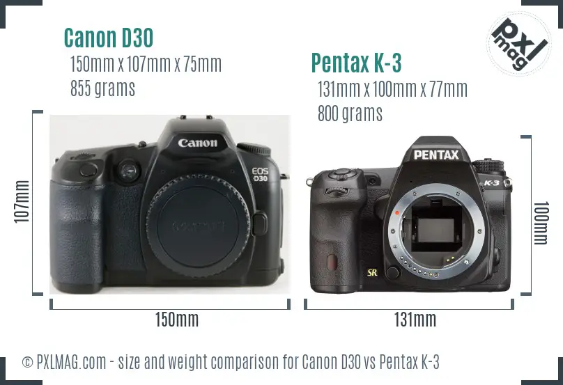 Canon D30 vs Pentax K-3 size comparison