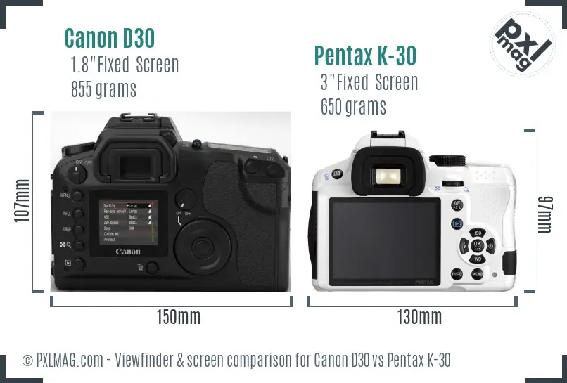 Canon D30 vs Pentax K-30 Screen and Viewfinder comparison
