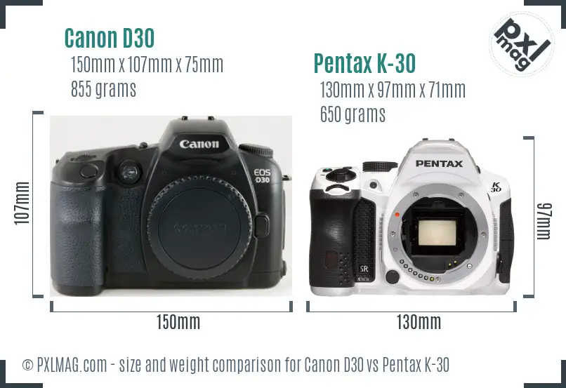 Canon D30 vs Pentax K-30 size comparison