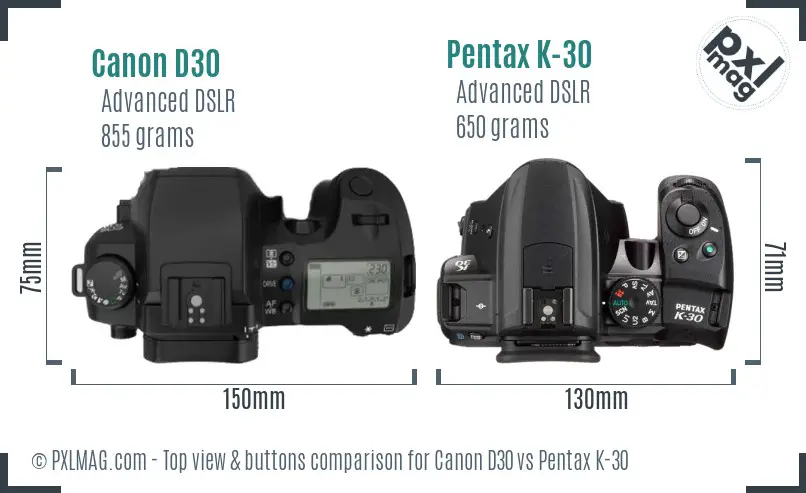 Canon D30 vs Pentax K-30 top view buttons comparison