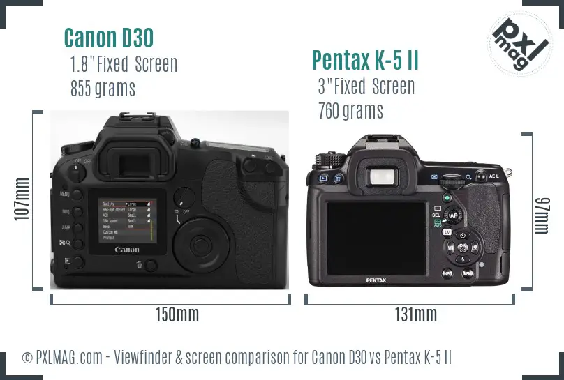 Canon D30 vs Pentax K-5 II Screen and Viewfinder comparison