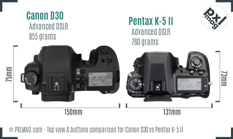 Canon D30 vs Pentax K-5 II top view buttons comparison