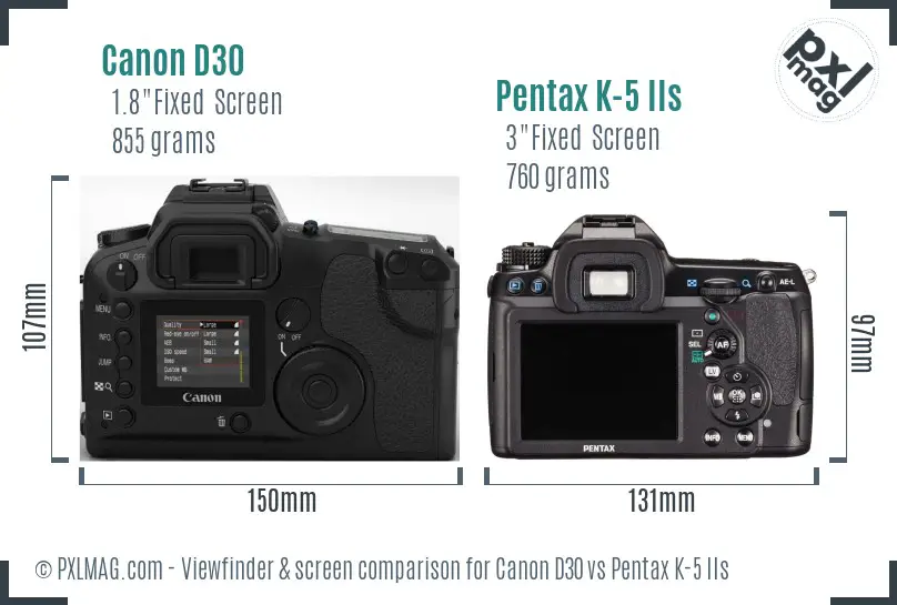 Canon D30 vs Pentax K-5 IIs Screen and Viewfinder comparison
