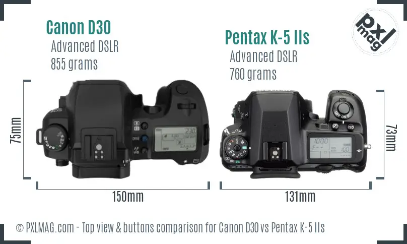 Canon D30 vs Pentax K-5 IIs top view buttons comparison