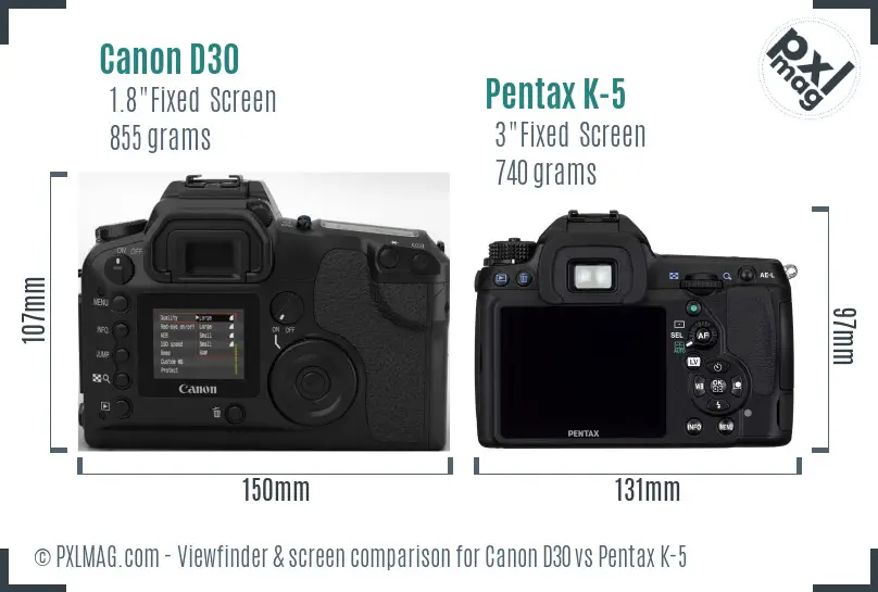 Canon D30 vs Pentax K-5 Screen and Viewfinder comparison
