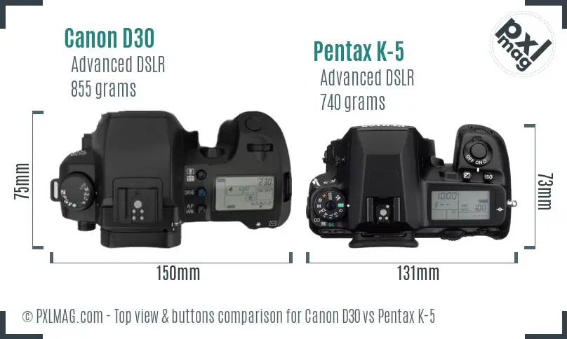 Canon D30 vs Pentax K-5 top view buttons comparison