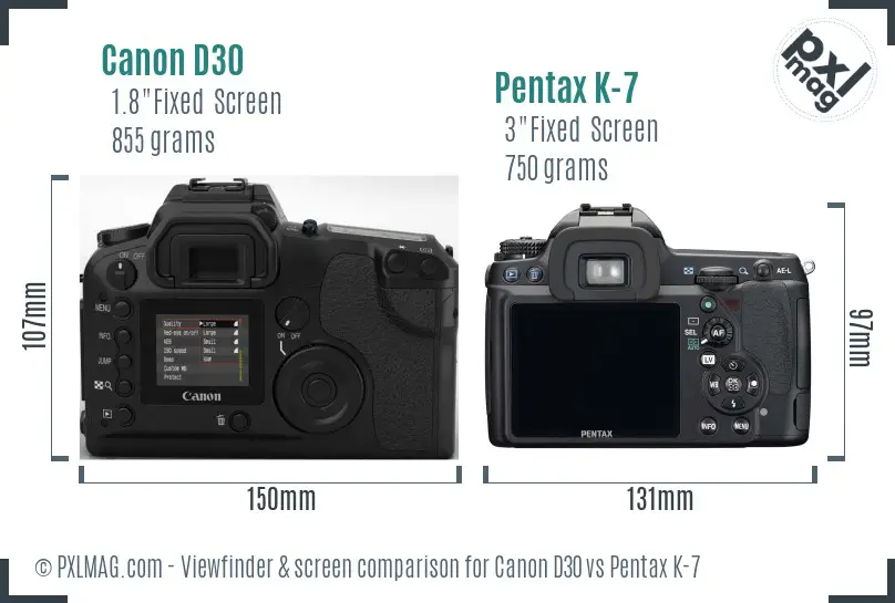 Canon D30 vs Pentax K-7 Screen and Viewfinder comparison